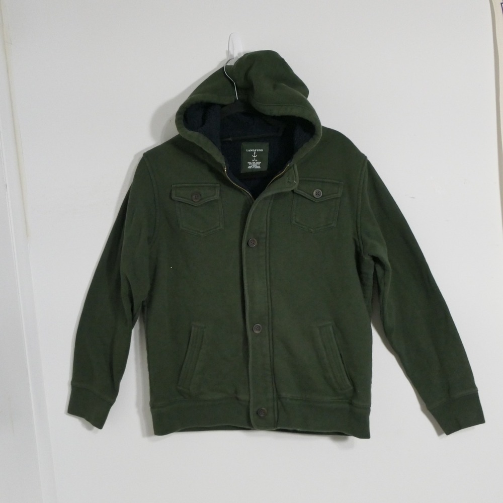 Lands End Boys Hoodie Full Zip L 14-16 Green Sherpa Lined Streetwear Layering
